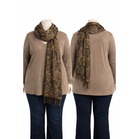 Susan Graver Womans 3X Dark Wheat V-Neck Tunic w/ 3/4 Sleeve and Jacquard Wrap L